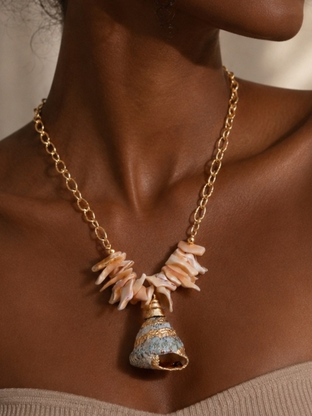 Gold Chain Necklace with Shell Pendant in Natural Beige - Women Jewelry